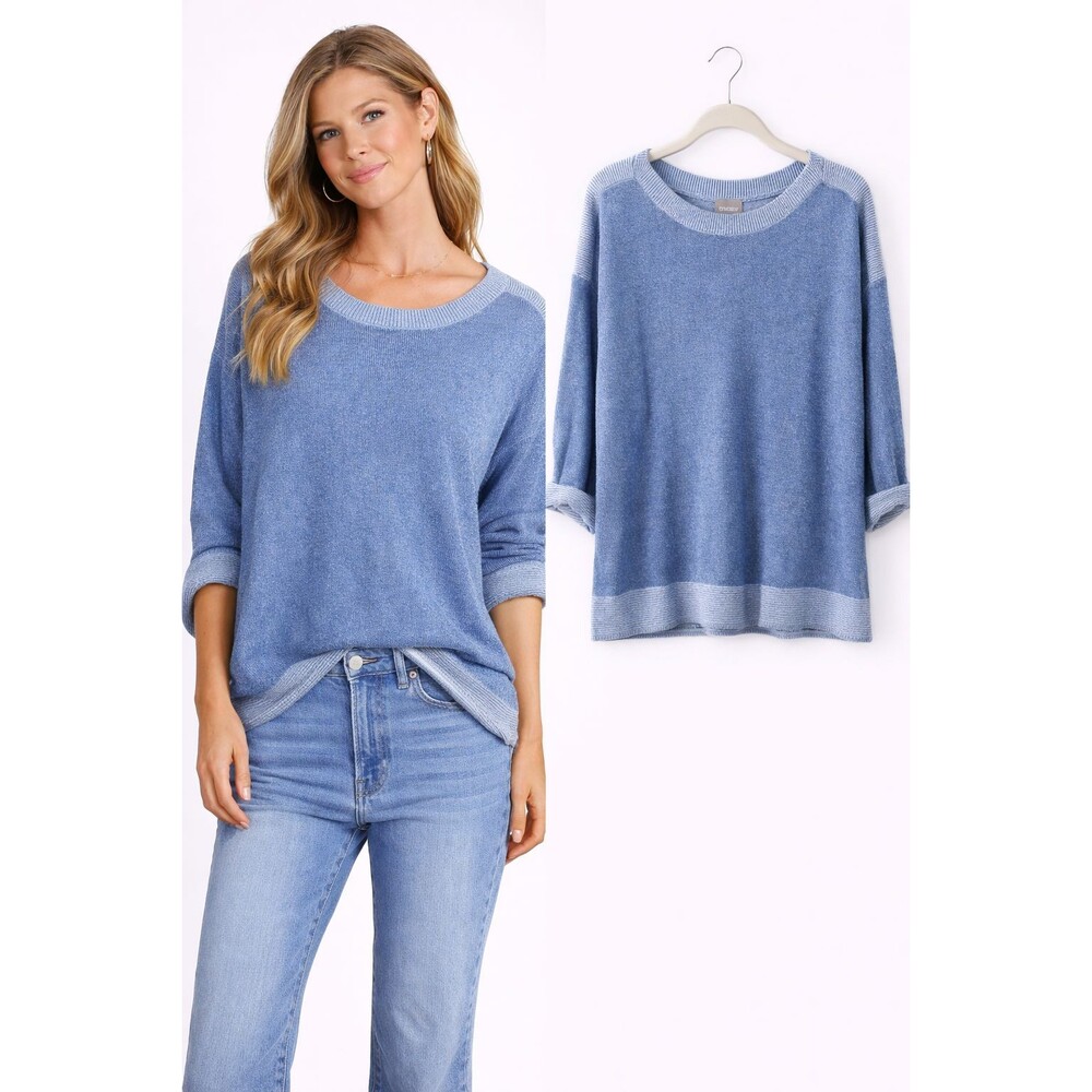 Chicos Boatneck Sweater Size XL Blue 3/4 Cuffed Sleeve Boxy